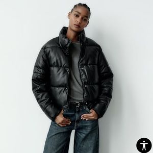 Zara faux leather black puffer jacket